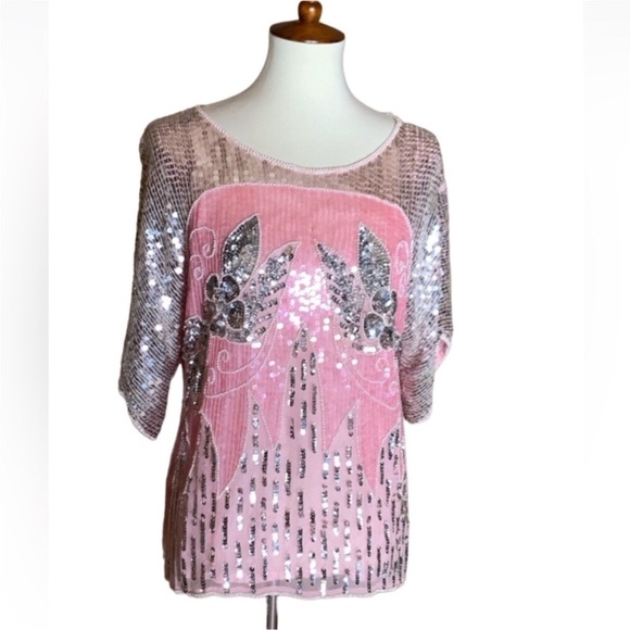 Vintage Guei pink silk top with pearl and sequin embellishments Size Medium - Picture 1 of 13